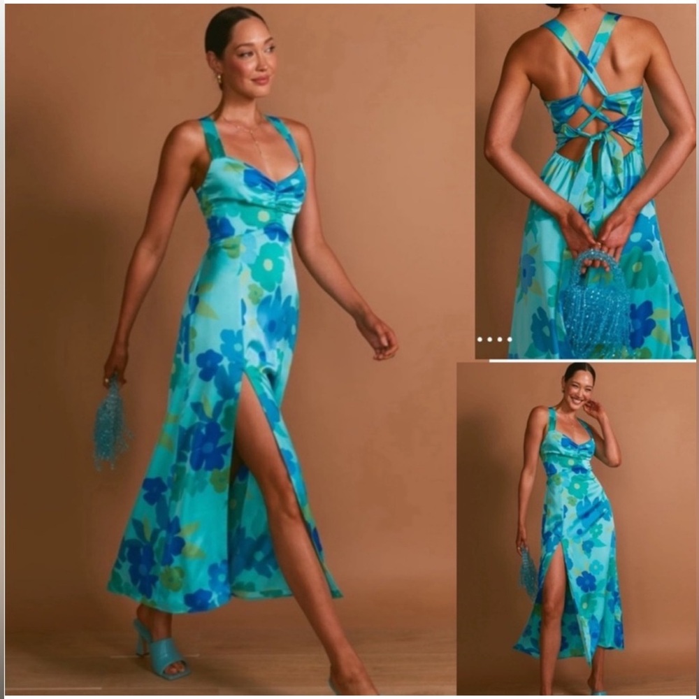 BNWT Show Me Your MuMu Mina Midi Dress in Picadilly Blue Luxe Satin
